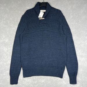 LOGG H&M Mens Sweater X-Large Blue Toggle Cowl Neck Pullover Knit 100% Cotton